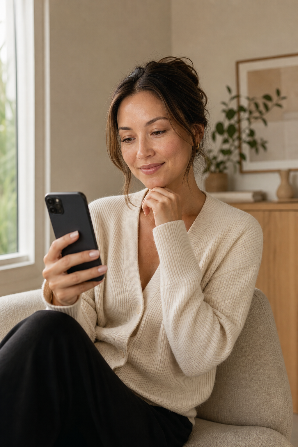 Patient researching cosmetic care on her phone at home
