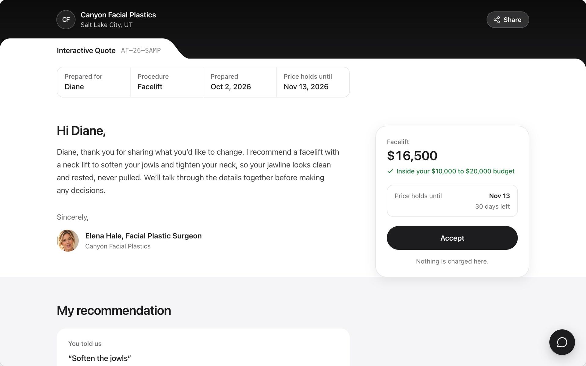 An Interactive Quote: the practice’s folder, a letter and a price card with Accept